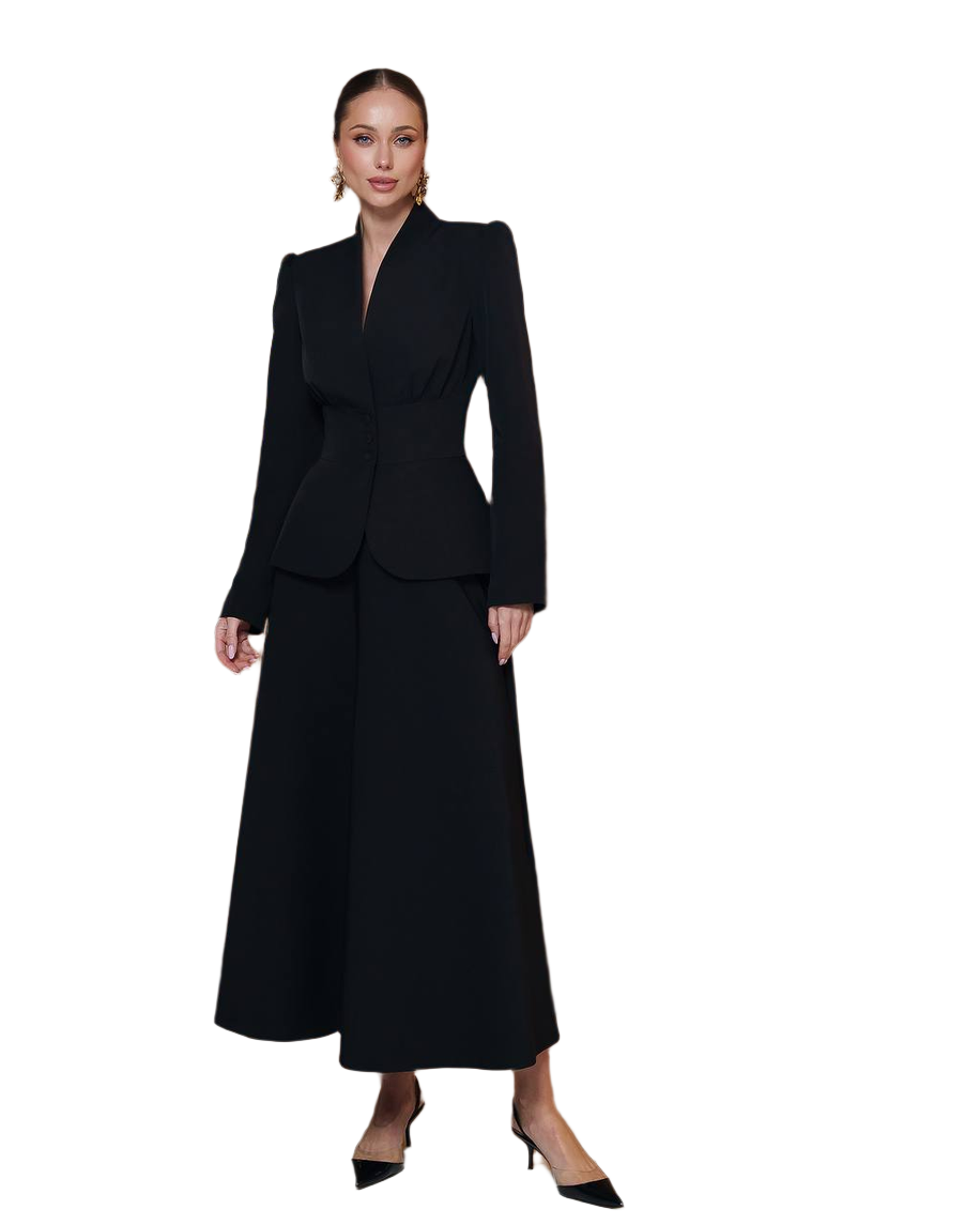 Elegant Women's Suit Jacket and Skirt Set in Black