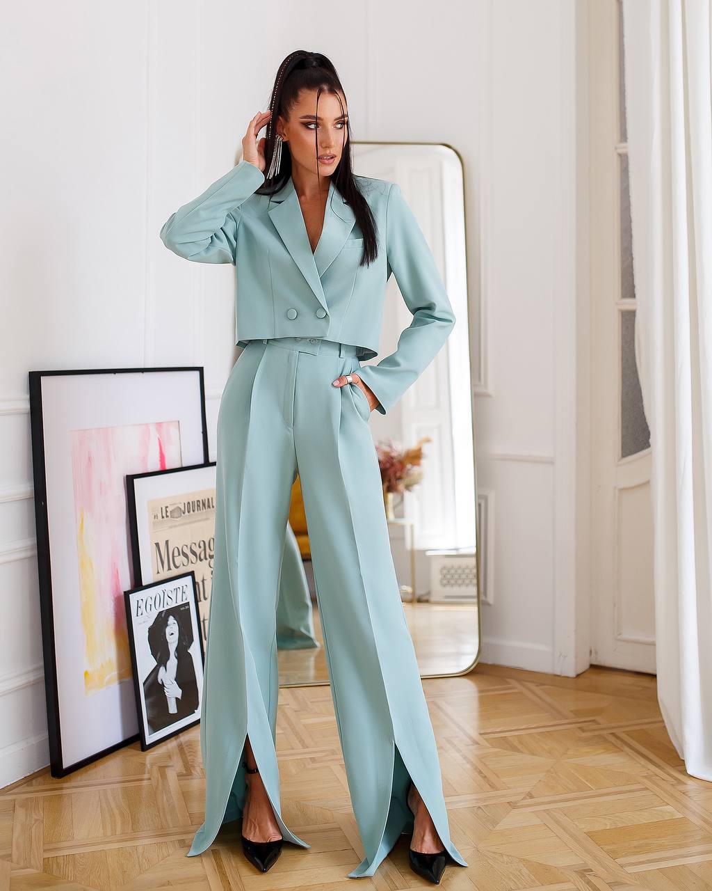 Womens Cropped Jacket Suit With High Waist Slit Trousers
