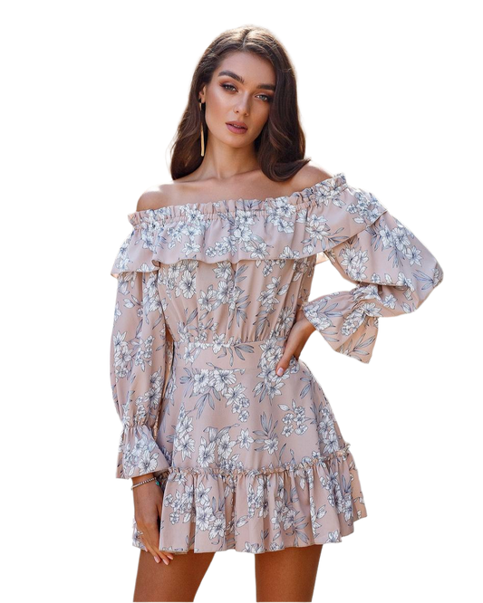 Floral Off Shoulder Dress in Blue and Peach for Women, Super Soft Fabric, Summer Fashion