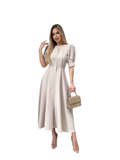 Elegant Beige Midi Dress with Button Front and Puff Sleeves