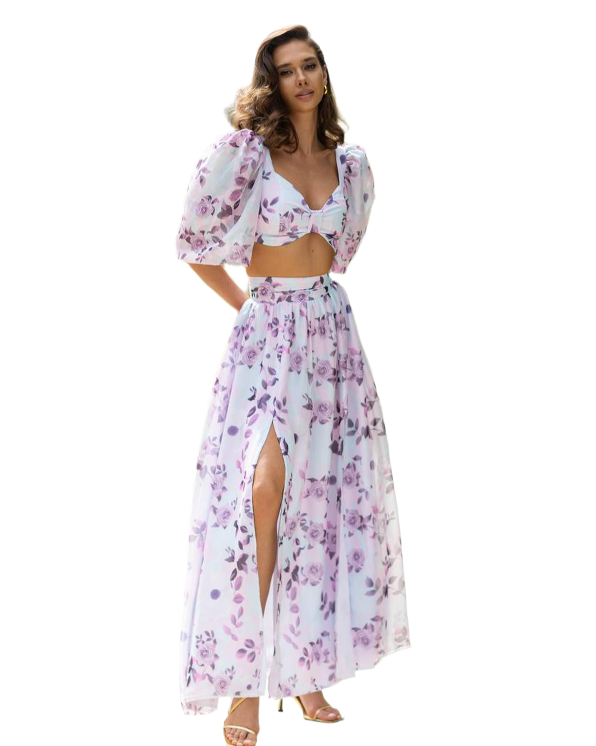 Womens Floral Print Chiffon Top and Skirt Set with Puff Sleeves