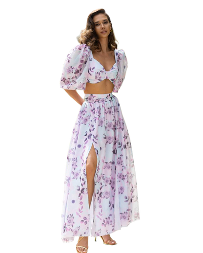 Womens Floral Print Chiffon Top and Skirt Set with Puff Sleeves