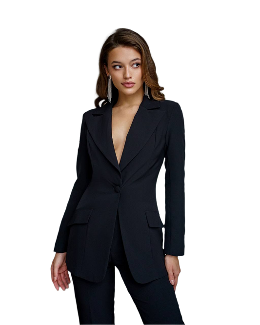 Woman wearing a black suit on a white background