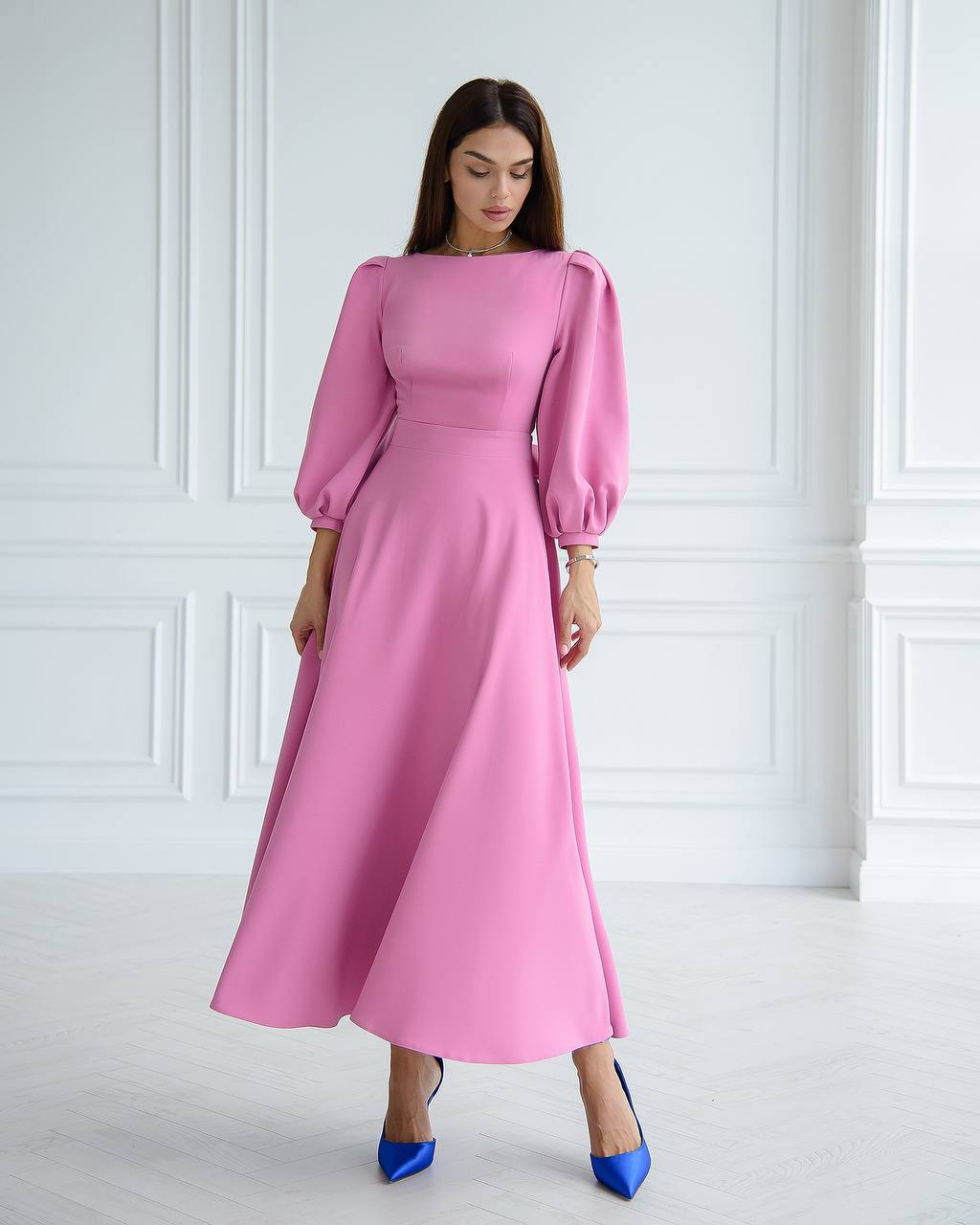 Elegant Midi Dress in Premium Diagonal Suiting Crepe with Puff Sleeves and Back Cutout