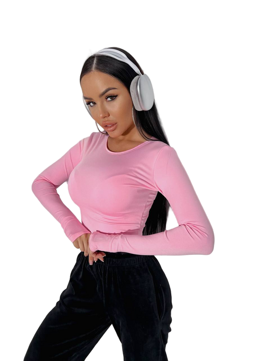 Pink Longsleeve Thumbhole Top Microdiving Stretch Slim Fit