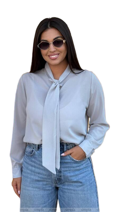 Light Grey Crepe Chiffon Blouse with Tie Collar