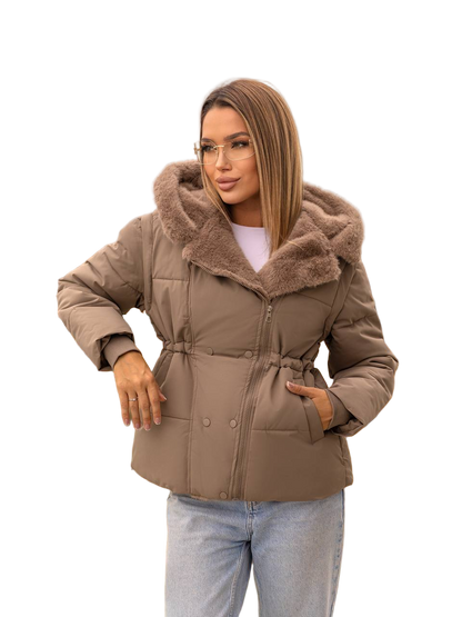 Women Transformer Jacket Convertible Puffer with Faux Fur Hood Taupe Water Resistant Insulated