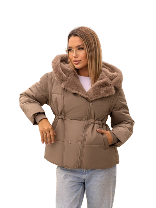 Women Transformer Jacket Convertible Puffer with Faux Fur Hood Taupe Water Resistant Insulated