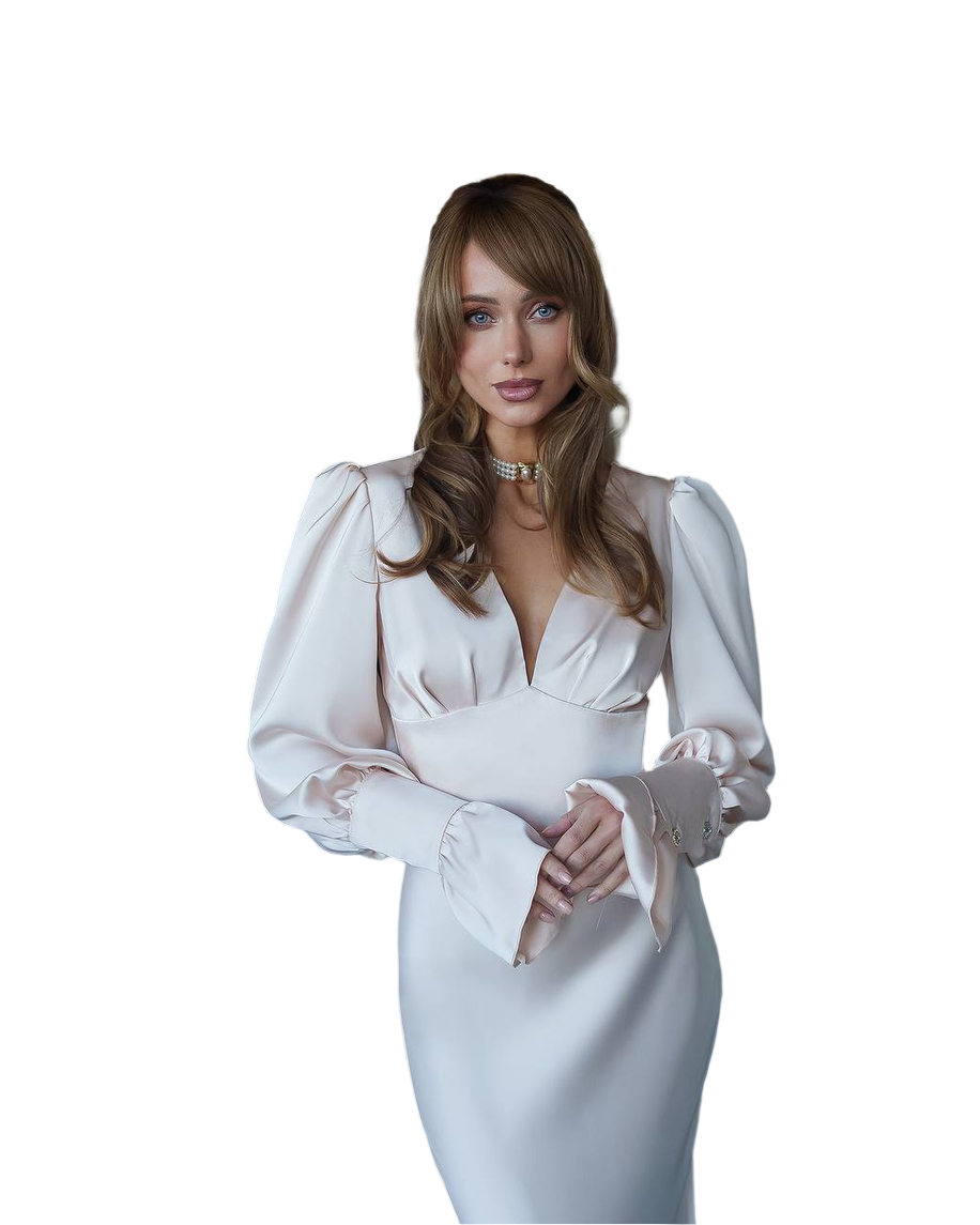 Woman wearing a white dress with long sleeves and gloves on a white background