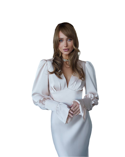 Woman wearing a white dress with long sleeves and gloves on a white background