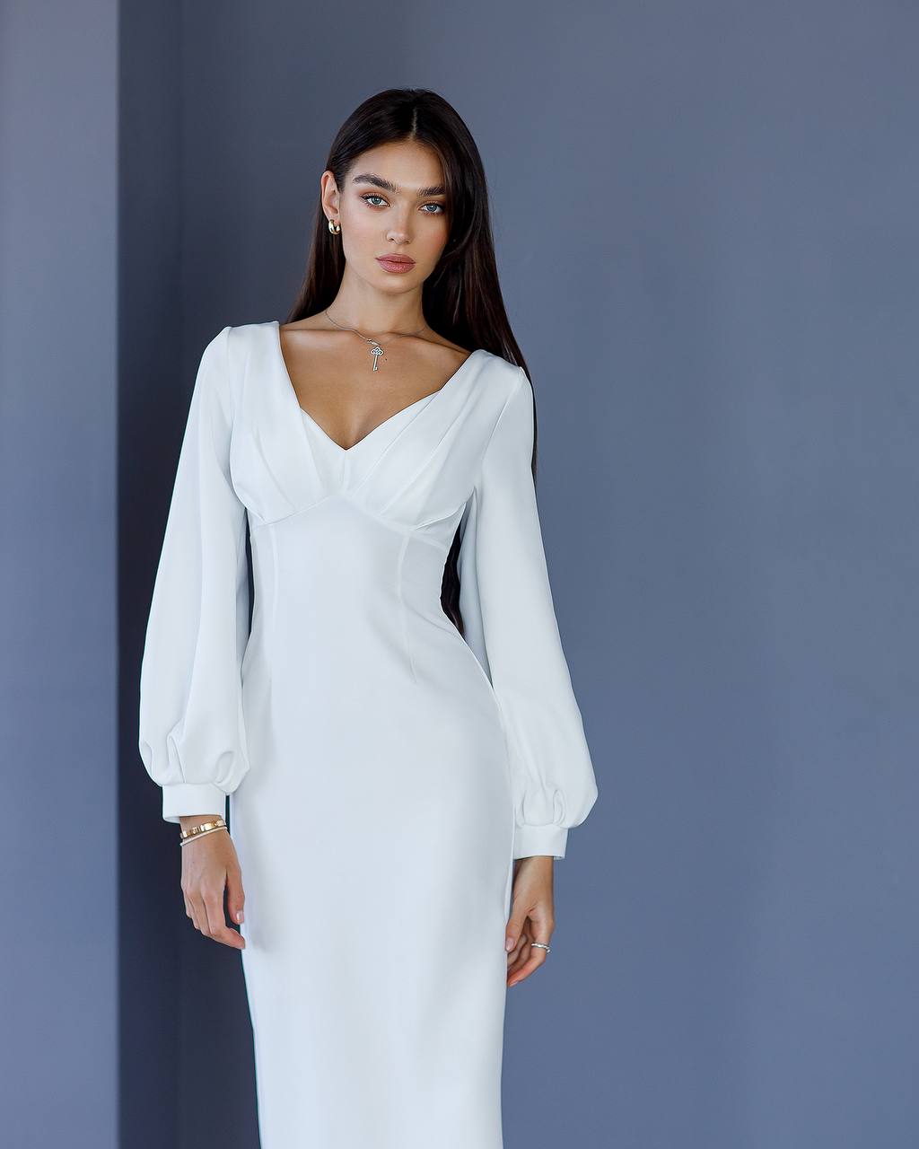 Elegant White Midi Dress for Women in Premium Suiting Crepe Fabric