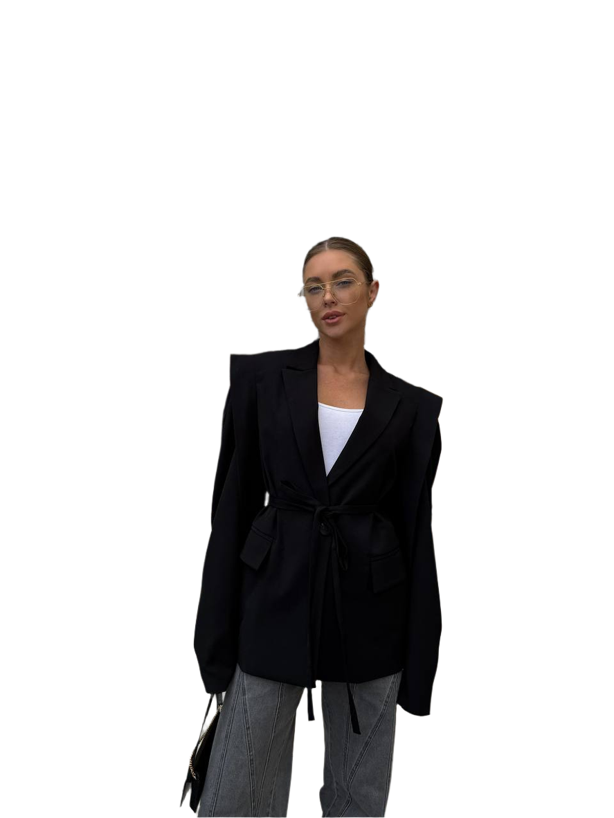 Womens Fitted Black Blazer with Waist Tie and Structured Shoulders