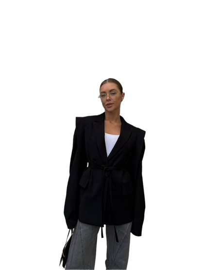Womens Fitted Black Blazer with Waist Tie and Structured Shoulders