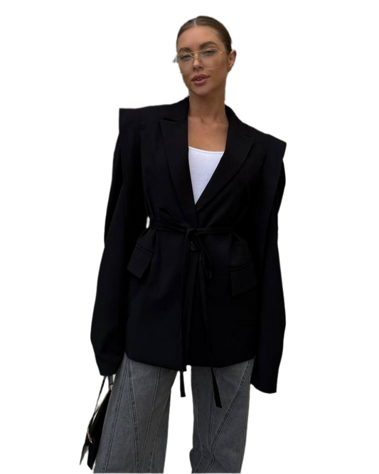 Womens Fitted Black Blazer with Waist Tie and Structured Shoulders