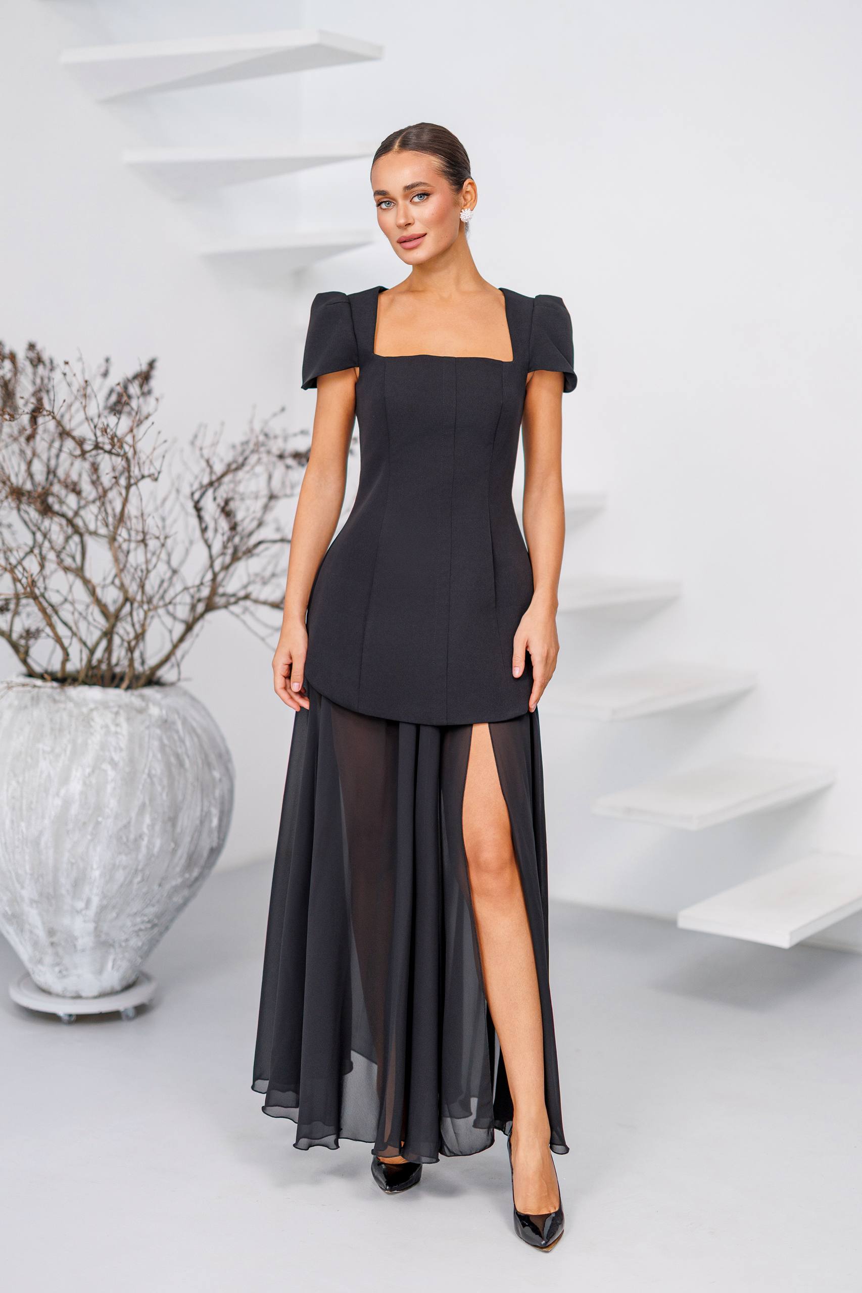 Black Peplum Evening Dress with Chiffon Skirt Diagonal Crepe Peplum Gown