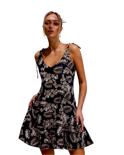 Printed Linen Sundress with Tropical Palm Leaf Print