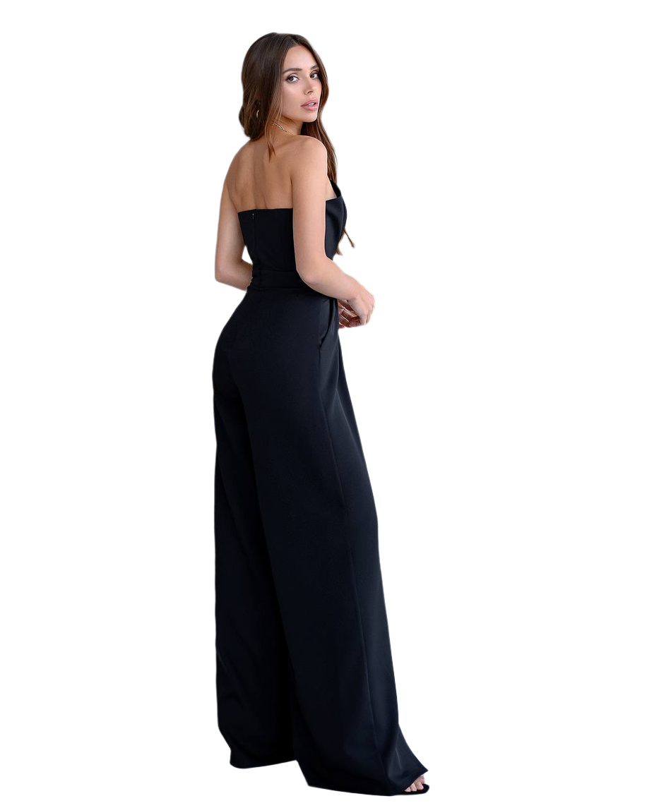 Woman wearing a black strapless gown on a white background