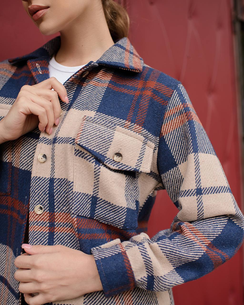 Plaid jacket with a red background