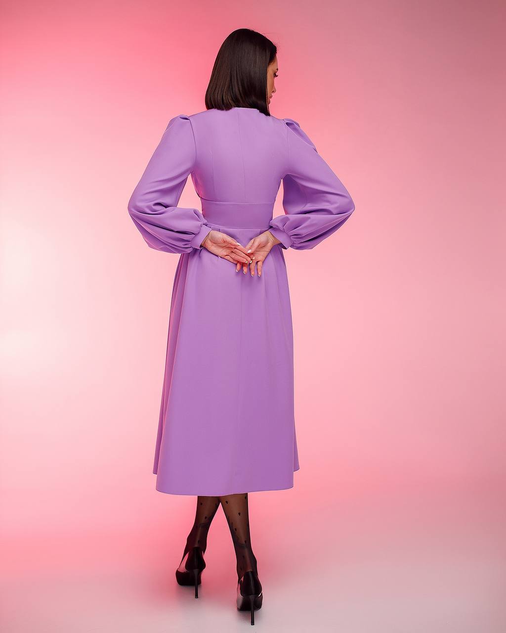 Elegant Purple Midi Dress with Pleated Bodice and Balloon Sleeves