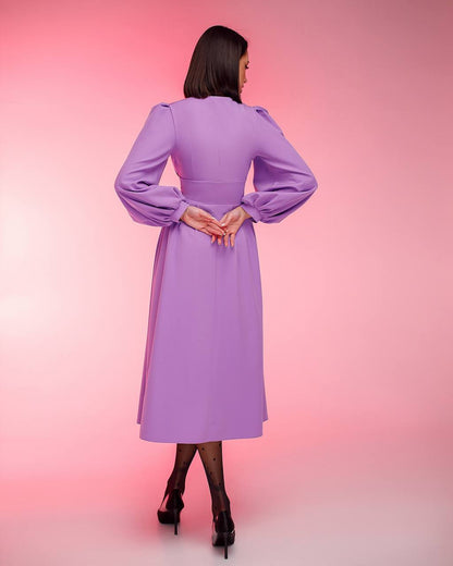 Elegant Purple Midi Dress with Pleated Bodice and Balloon Sleeves