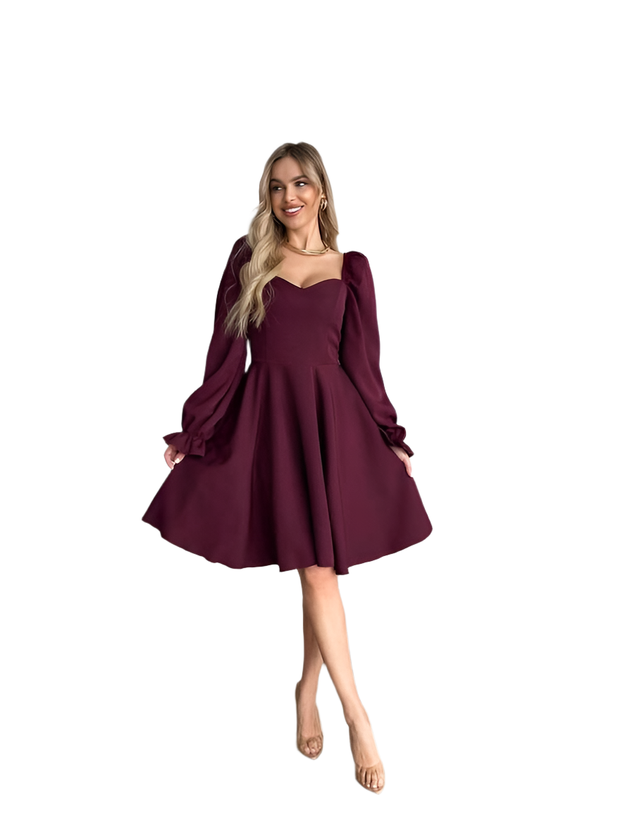 Elegant Burgundy Dress for Special Occasions with Flared Skirt and Long Sleeves
