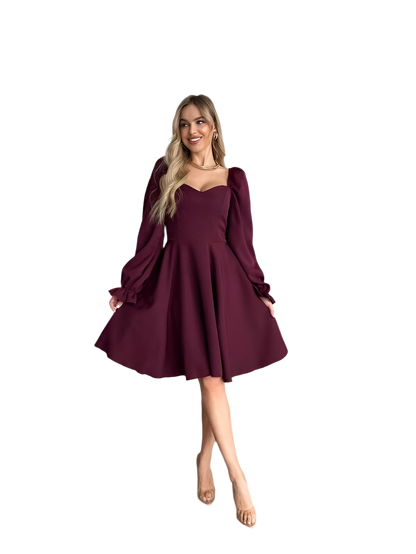 Elegant Burgundy Dress for Special Occasions with Flared Skirt and Long Sleeves