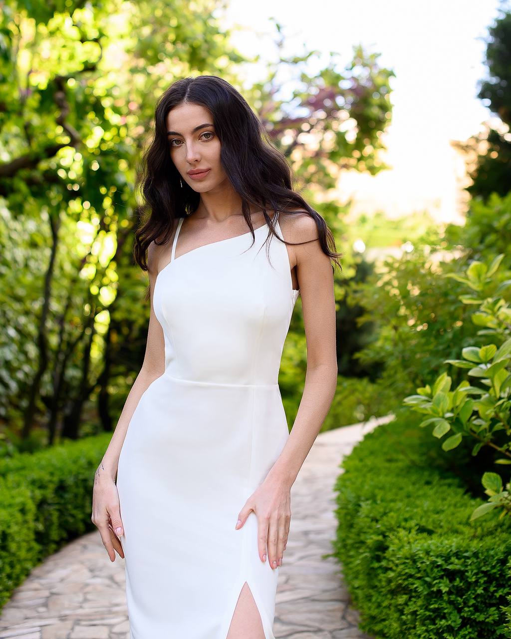 Elegant One-Shoulder White Midi Dress with Side Slit
