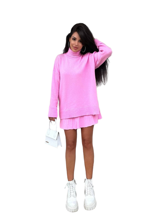 Womens Warm Molly Knit Suit Turtleneck Sweater and Skirt Set Pink