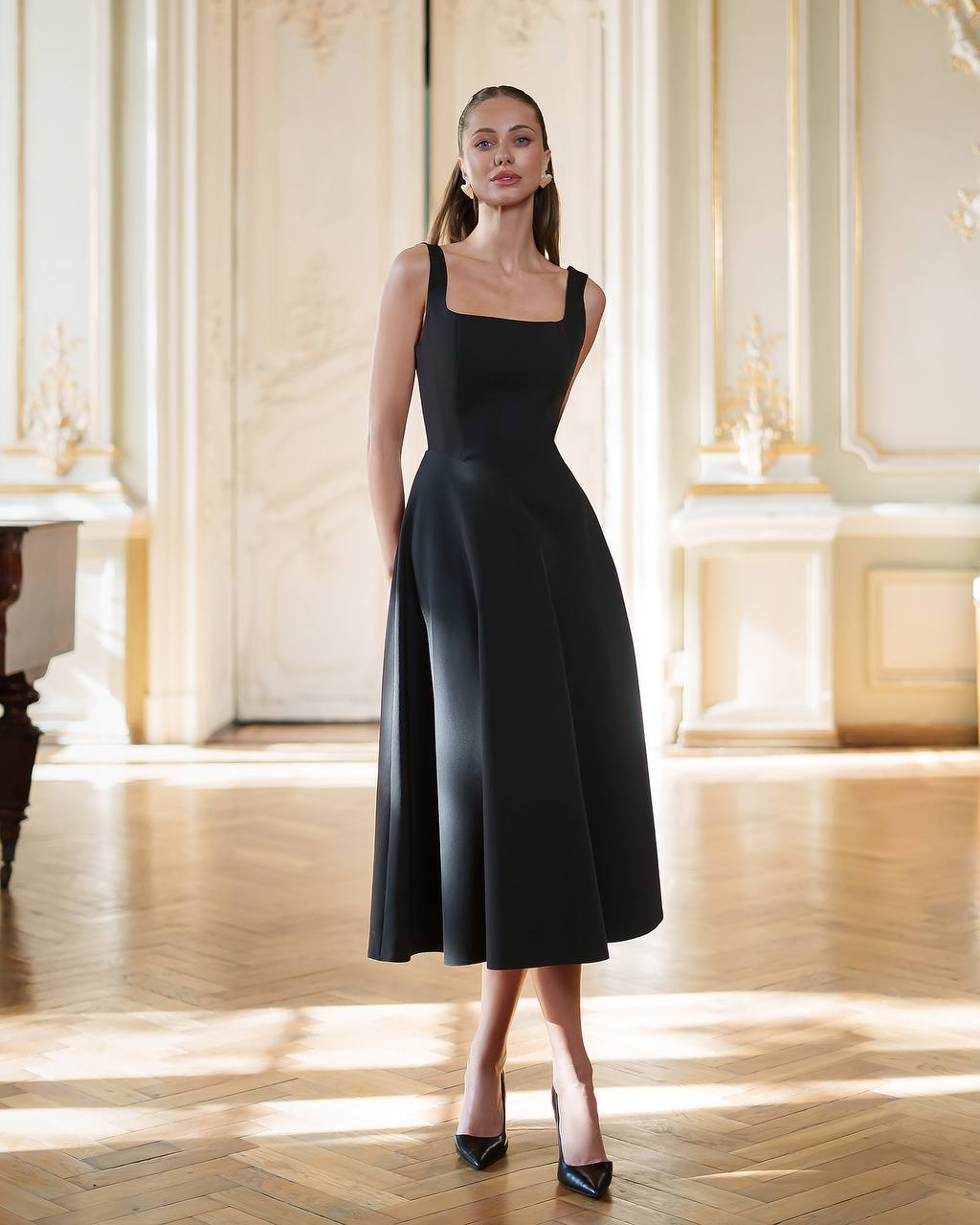 Elegant Midi Dress in Premium Suit Crepe Diagonal Fabric