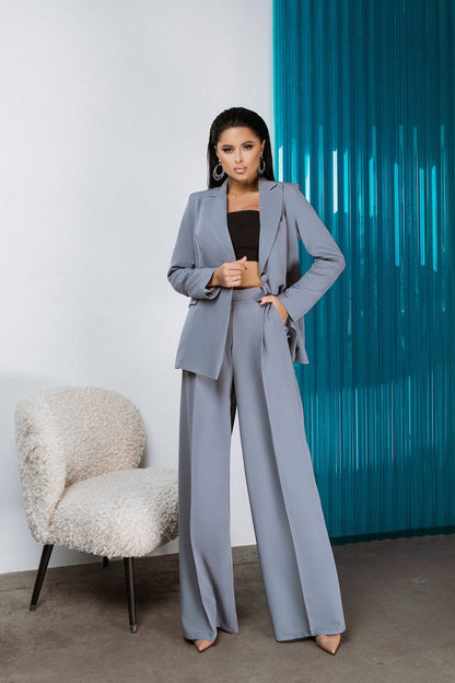 Gray Palazzo Suit Women Diagonal Crepe Tailored Blazer and Wide Leg Trousers