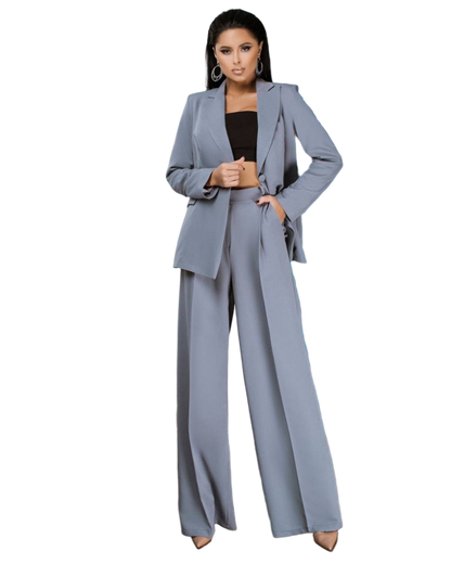 Gray Palazzo Suit Women Diagonal Crepe Tailored Blazer and Wide Leg Trousers