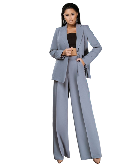 Gray Palazzo Suit Women Diagonal Crepe Tailored Blazer and Wide Leg Trousers
