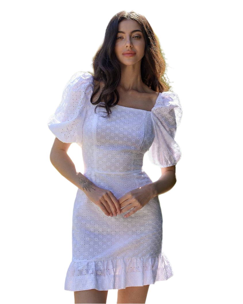 Cotton Broderie Dress with Puff Sleeves and Ruffle Hem