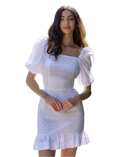 Cotton Broderie Dress with Puff Sleeves and Ruffle Hem