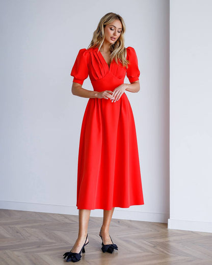 Elegant Red Midi Dress for Women with Puff Sleeves