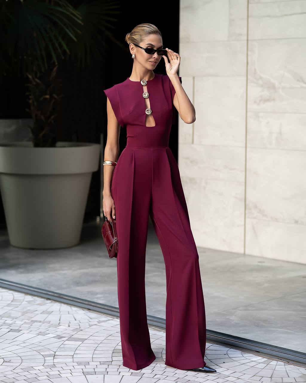 Womens Tailored Wide Leg Jumpsuit with Keyhole Neckline