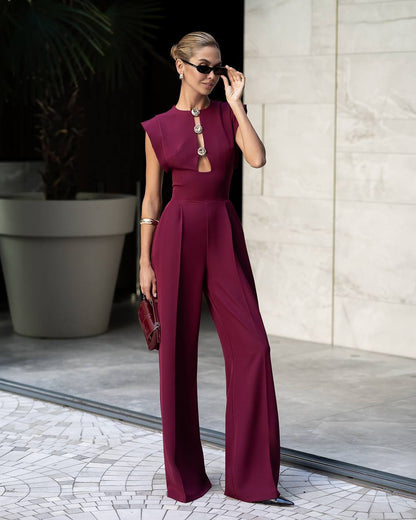 Womens Tailored Wide Leg Jumpsuit with Keyhole Neckline