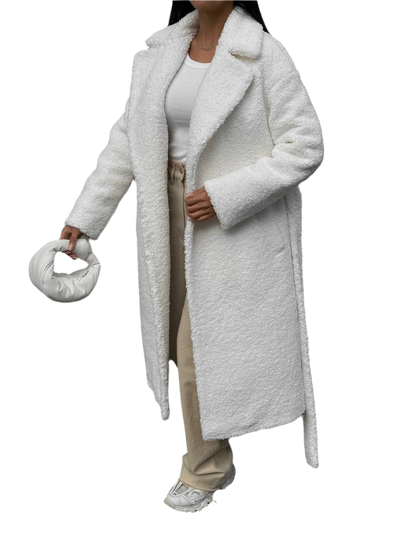 Winter Faux Fur Coat for Women with Belt White Boucle Warm Insulated Outerwear