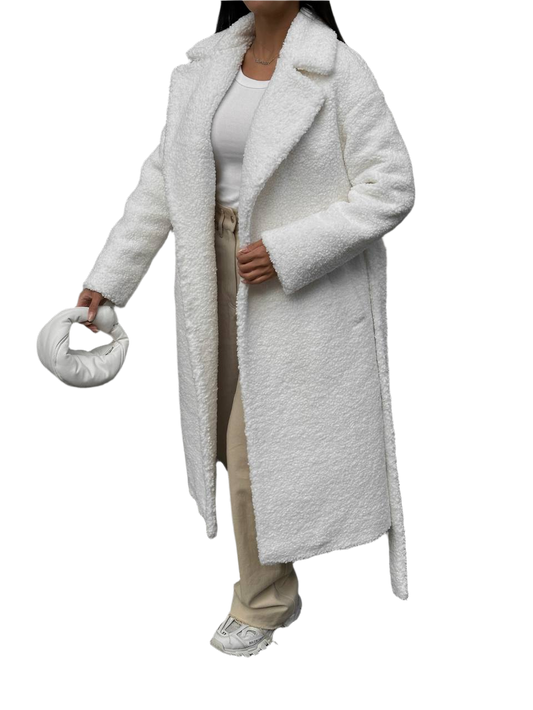 Winter Faux Fur Coat for Women with Belt White Boucle Warm Insulated Outerwear