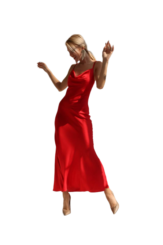 Women Red Midi Combination Dress in Smooth Silk Fabric
