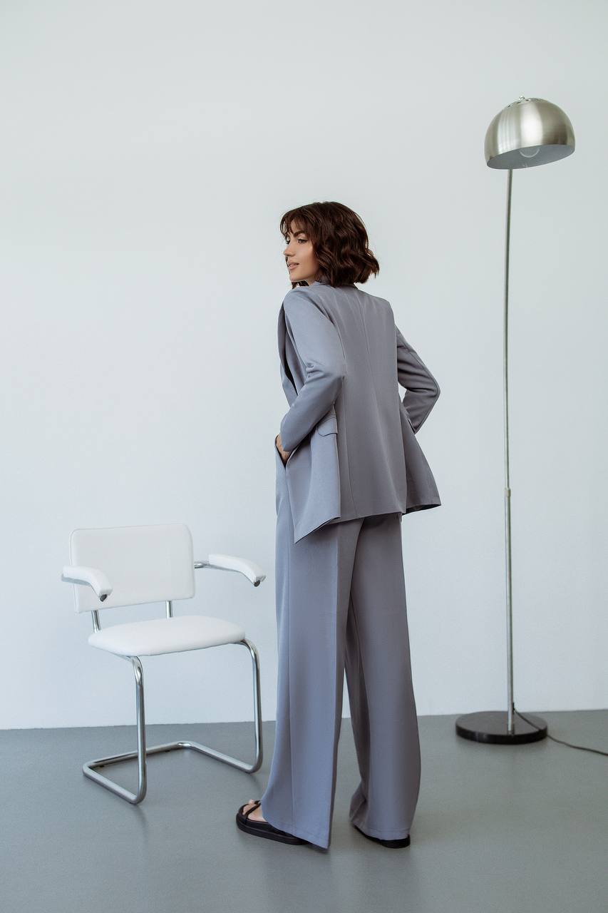 Gray Palazzo Suit Women Diagonal Crepe Tailored Blazer and Wide Leg Trousers