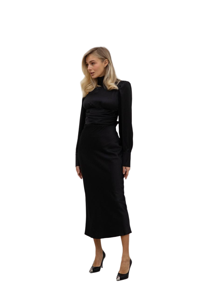 Elegant Black Italian Silk Midi Dress with Long Sleeves