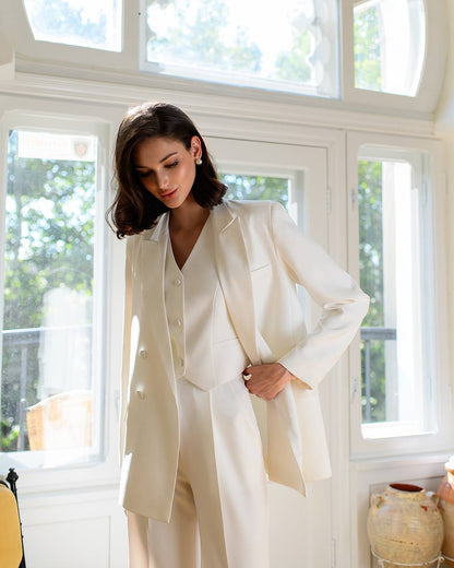Womens White Three Piece Suit Premium Crepe Diagonal Fabric