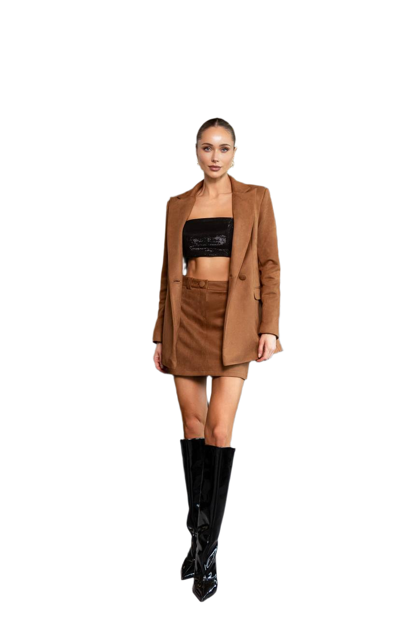Womens Camel Suede Suit Skirt and Lined Jacket