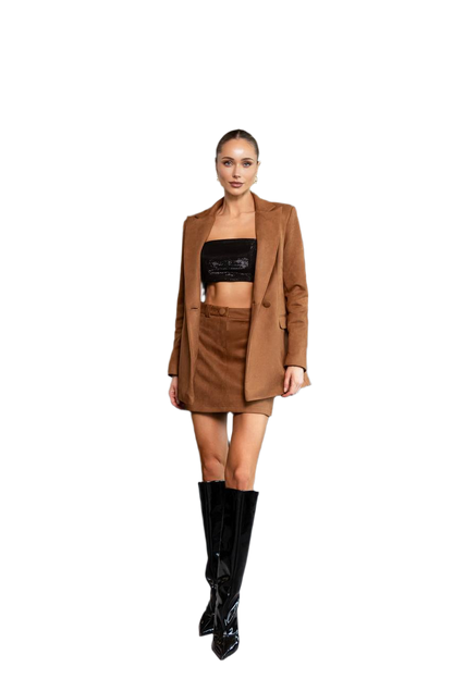 Womens Camel Suede Suit Skirt and Lined Jacket