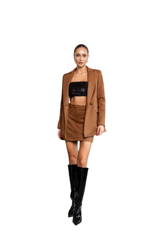 Womens Camel Suede Suit Skirt and Lined Jacket