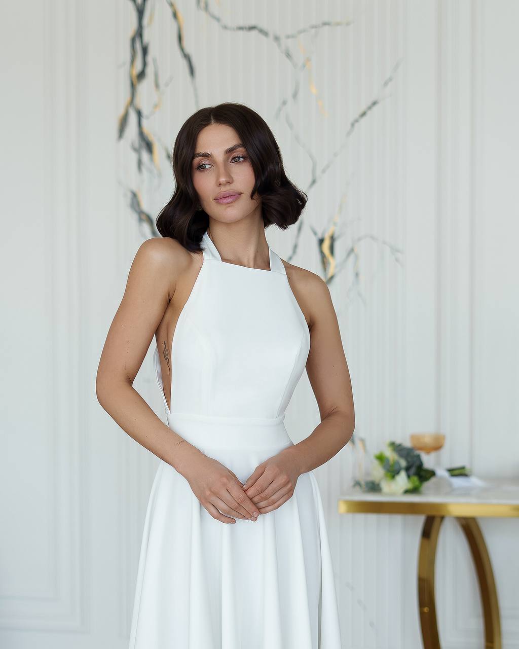 Elegant White Midi Dress for Women Premium Crepe Diagonal Fabric