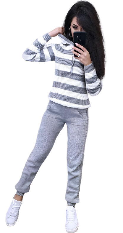 Warm Women's Suit Loose Knit Hoodie and Pants in Grey