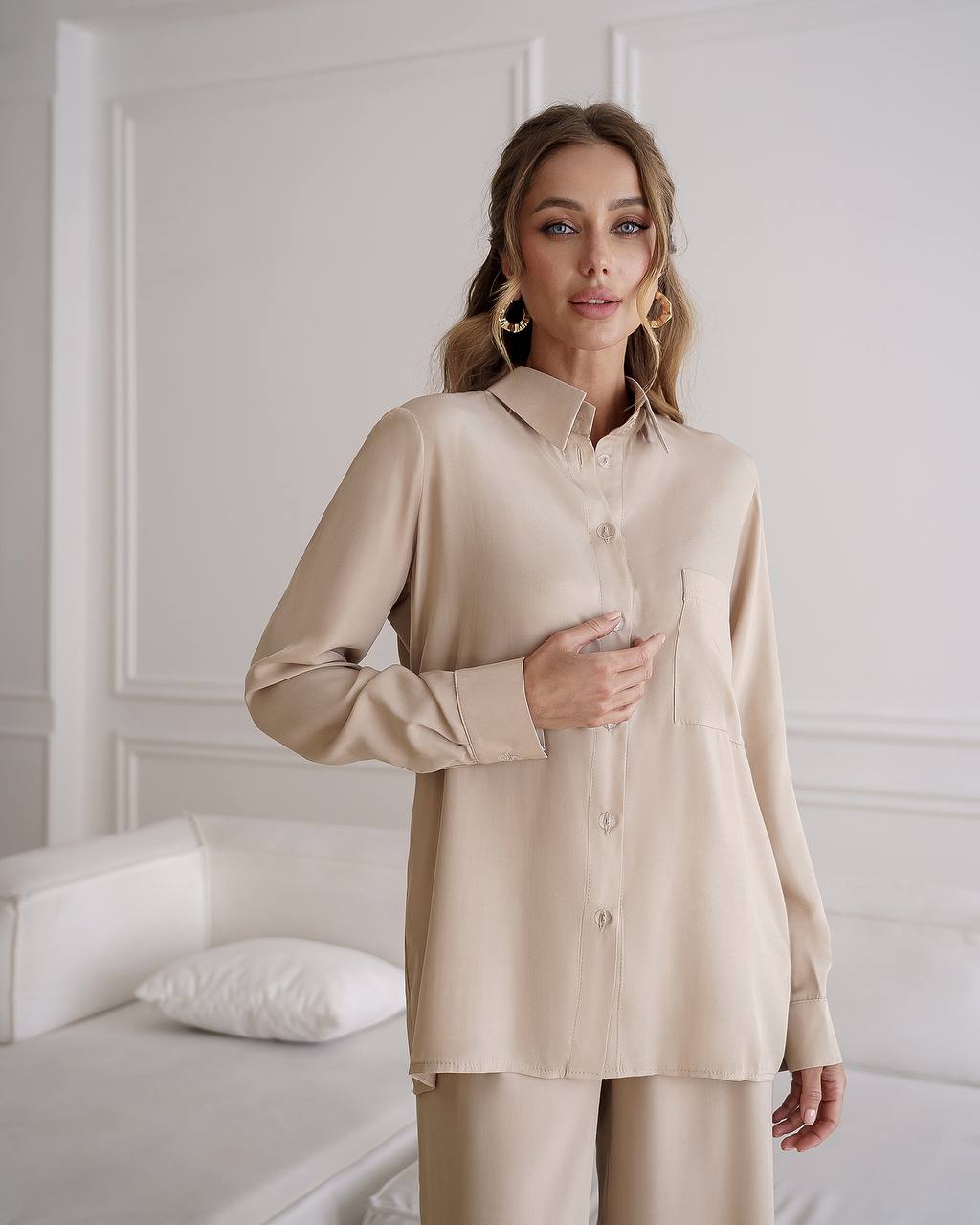 Womens Viscose Twill Suit Shirt and Elastic Waistband Pants