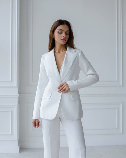 Womens Premium Diagonal Crepe Suit with Satin Collar in White